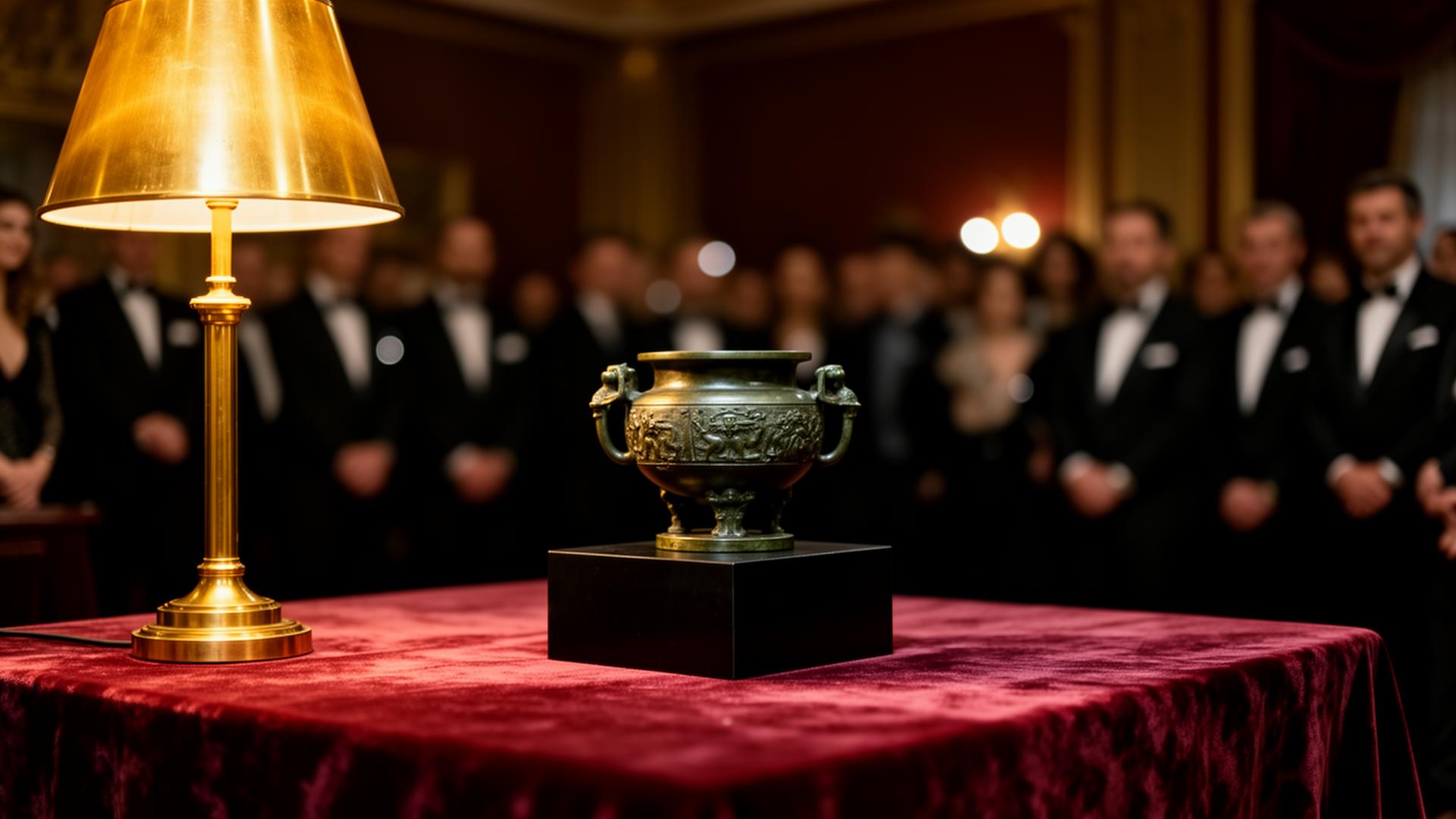 A bronze ceremonial vessel on a velvet-draped plinth inside a candlelit auction salon